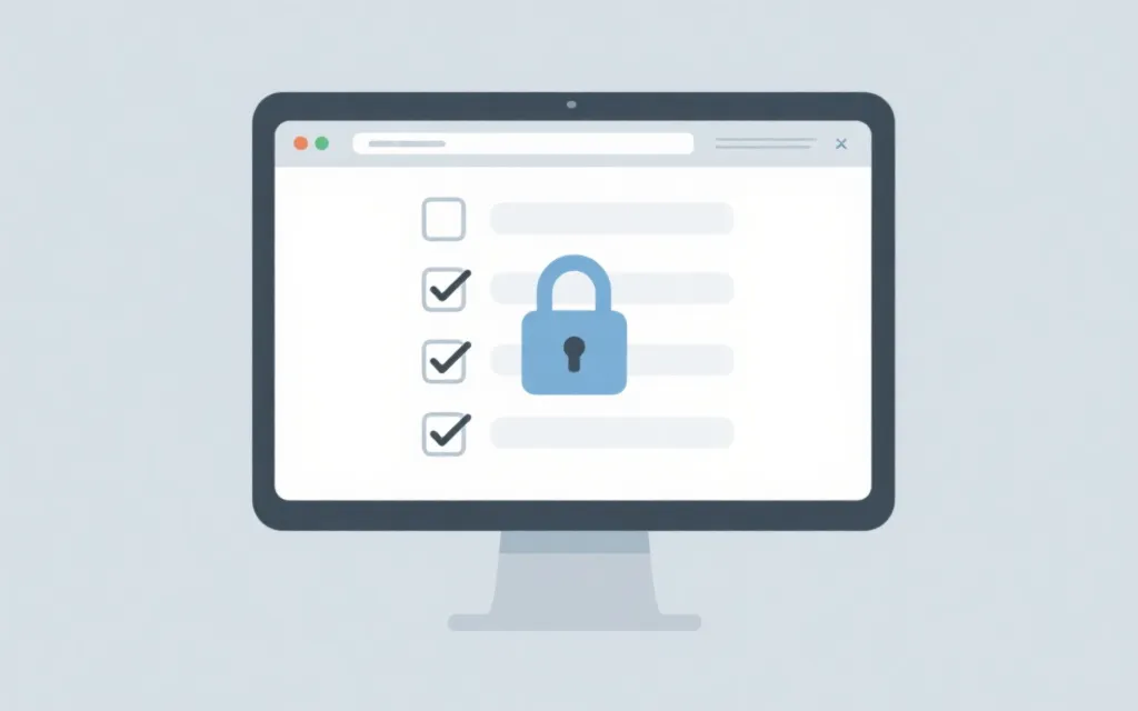 电脑浏览器展示安全检查清单与锁形图标的极简插画风格