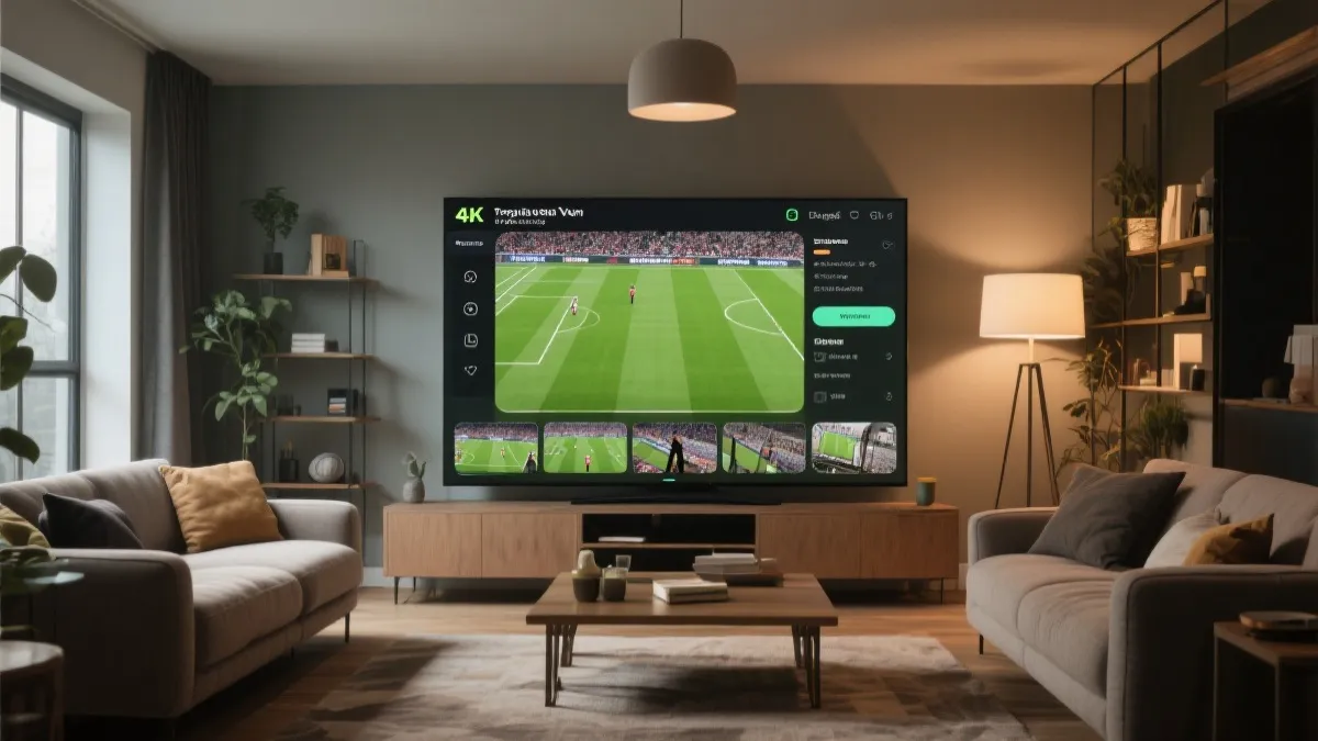 家庭客厅大屏观看足球比赛的4K与多机位设置示意